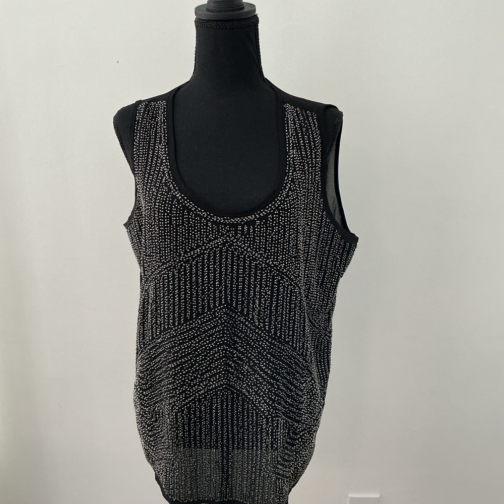Cache Black and Silver Beaded Tank Top